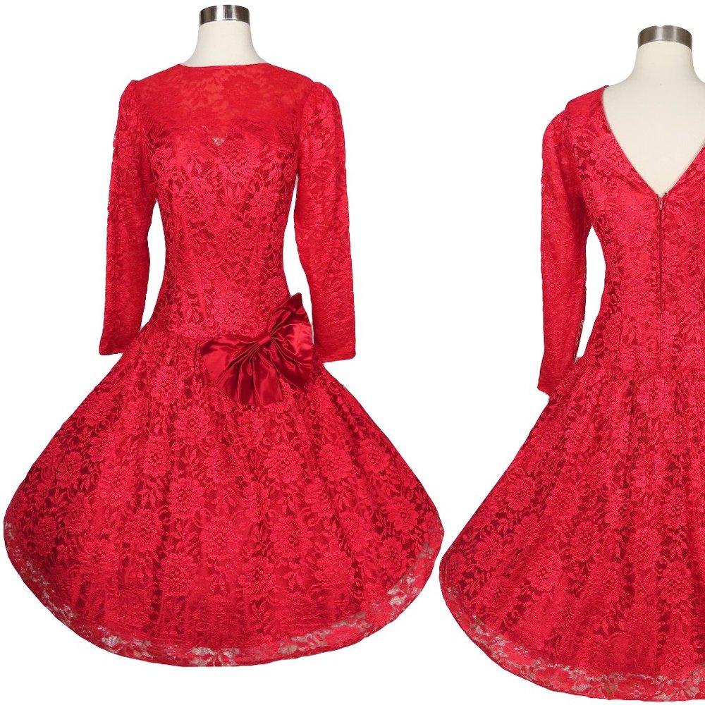 Vintage 80s Red Floral Lace Long Sleeve Drop Waist Prom Party Dress Bow L